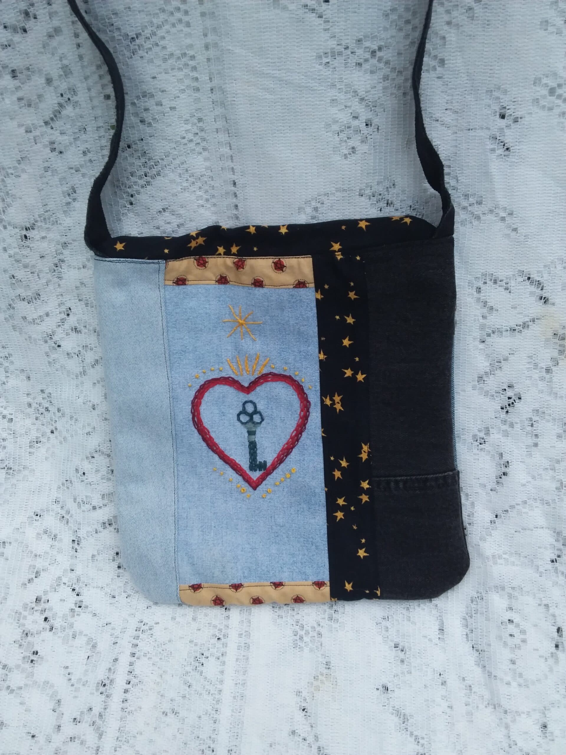 Embroidered Denim Messenger Bag, Key to my heart