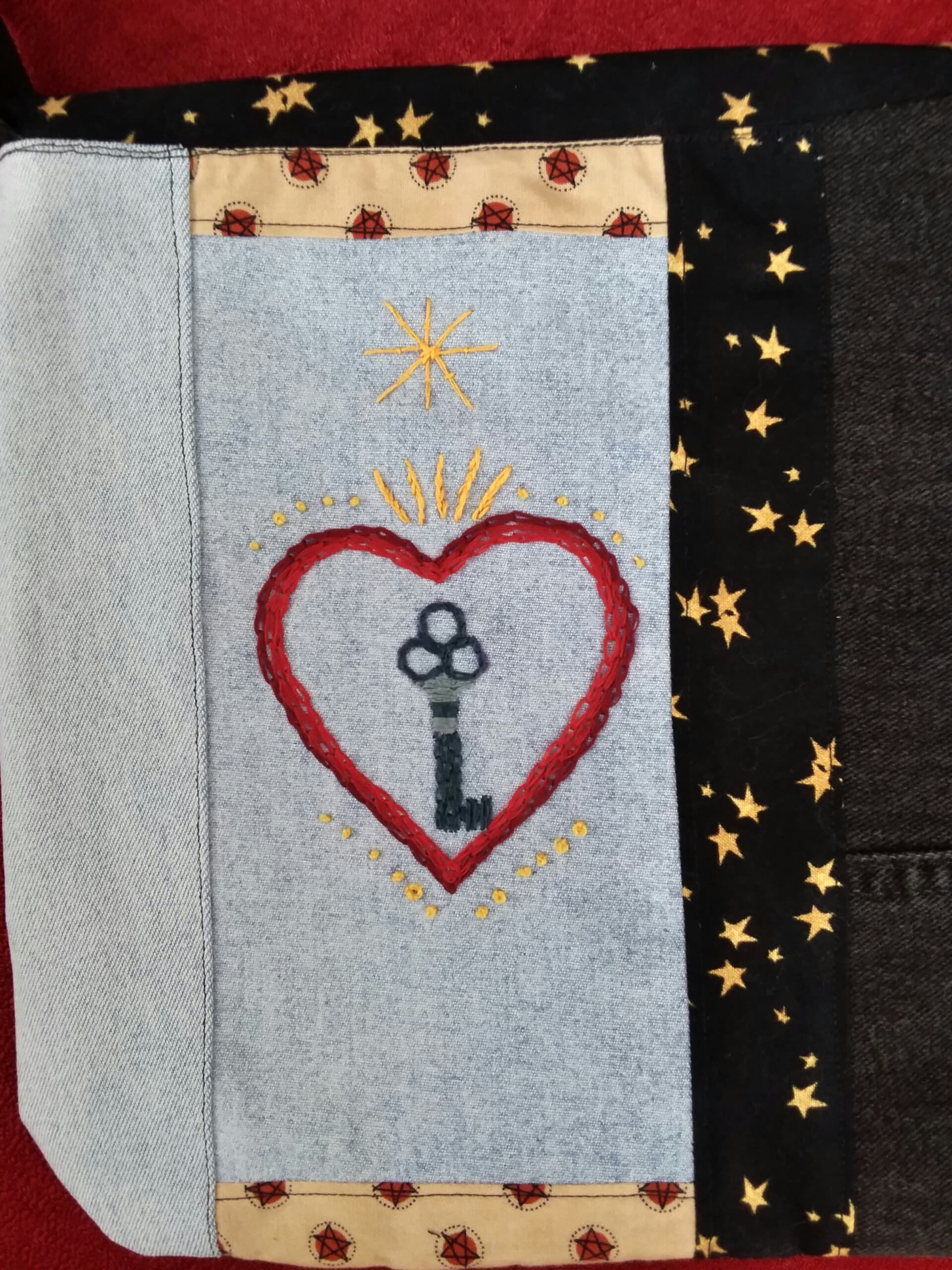 Embroidered Denim Messenger Bag, Key to my heart thumbnail 2
