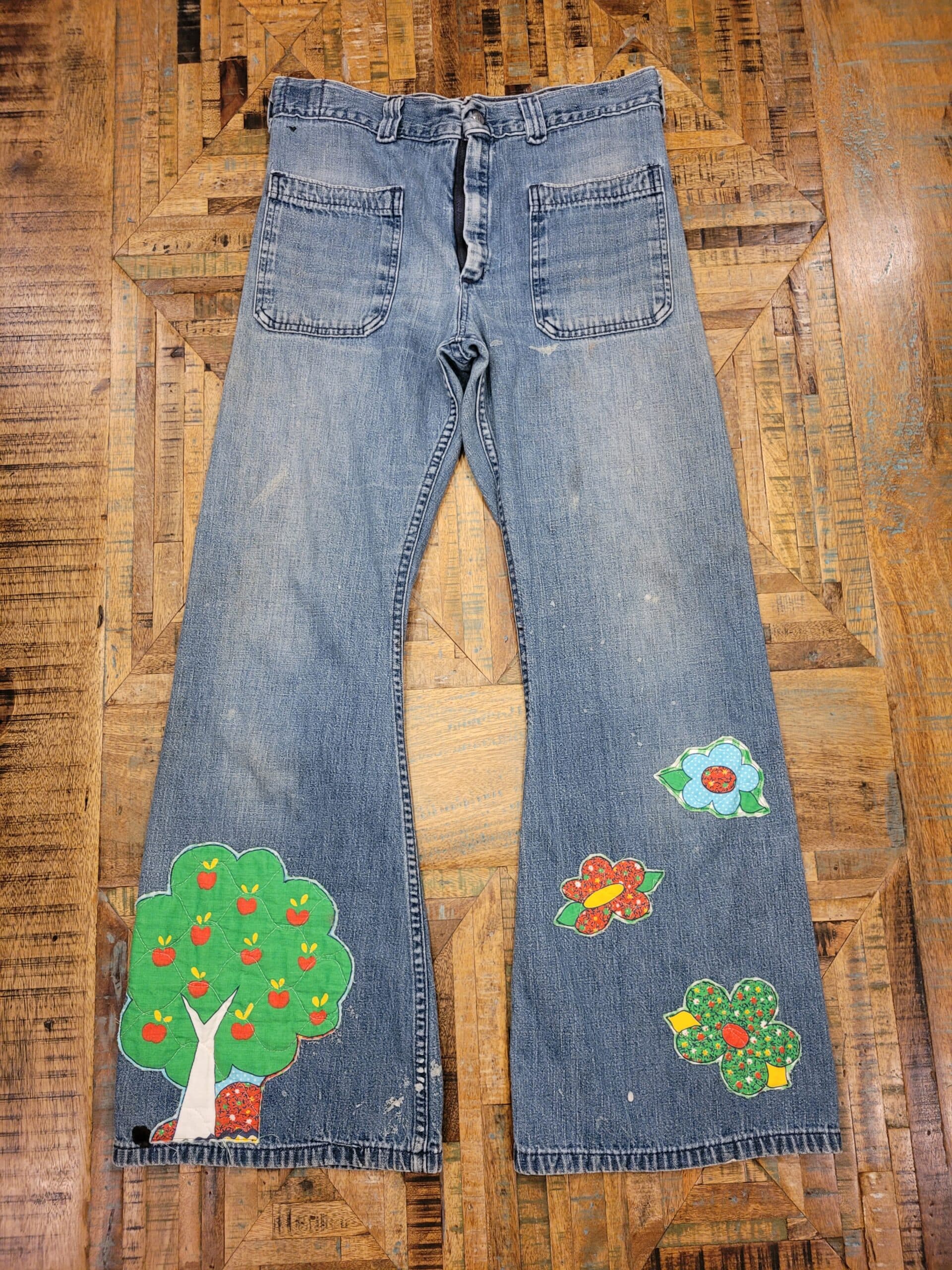 Back to School Vintage Tree Patchwork Bell Bottoms