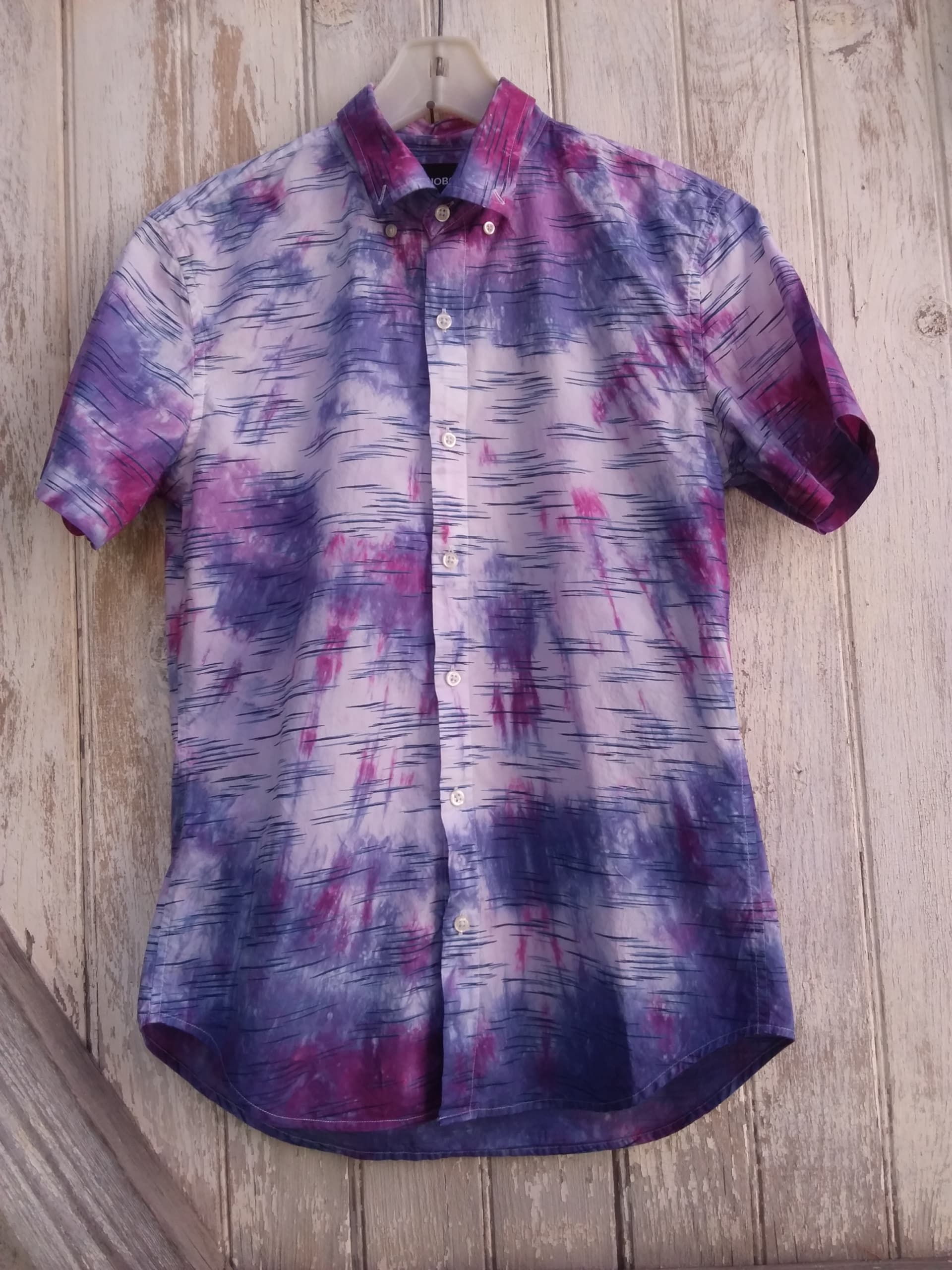 Tie Dye Short Sleeve Button Down Shirt, Purple, Blue, Raspberry