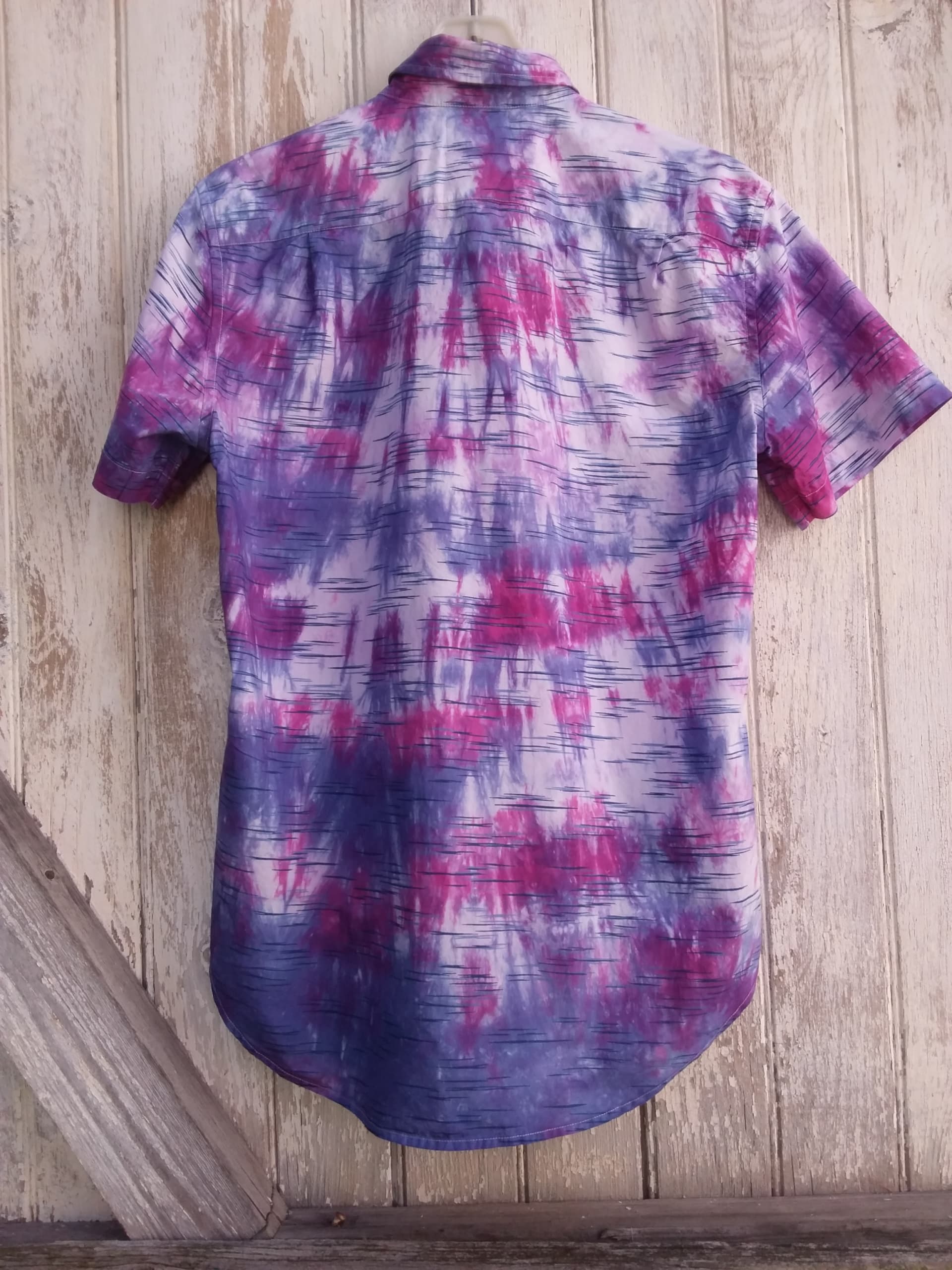 Tie Dye Short Sleeve Button Down Shirt, Purple, Blue, Raspberry thumbnail 2