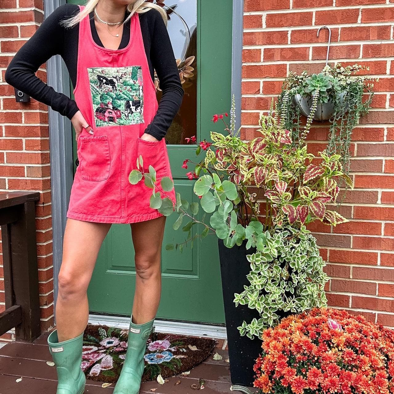 Quilted Cow & Farm Pink-Red Denim Jumper Dress thumbnail 2