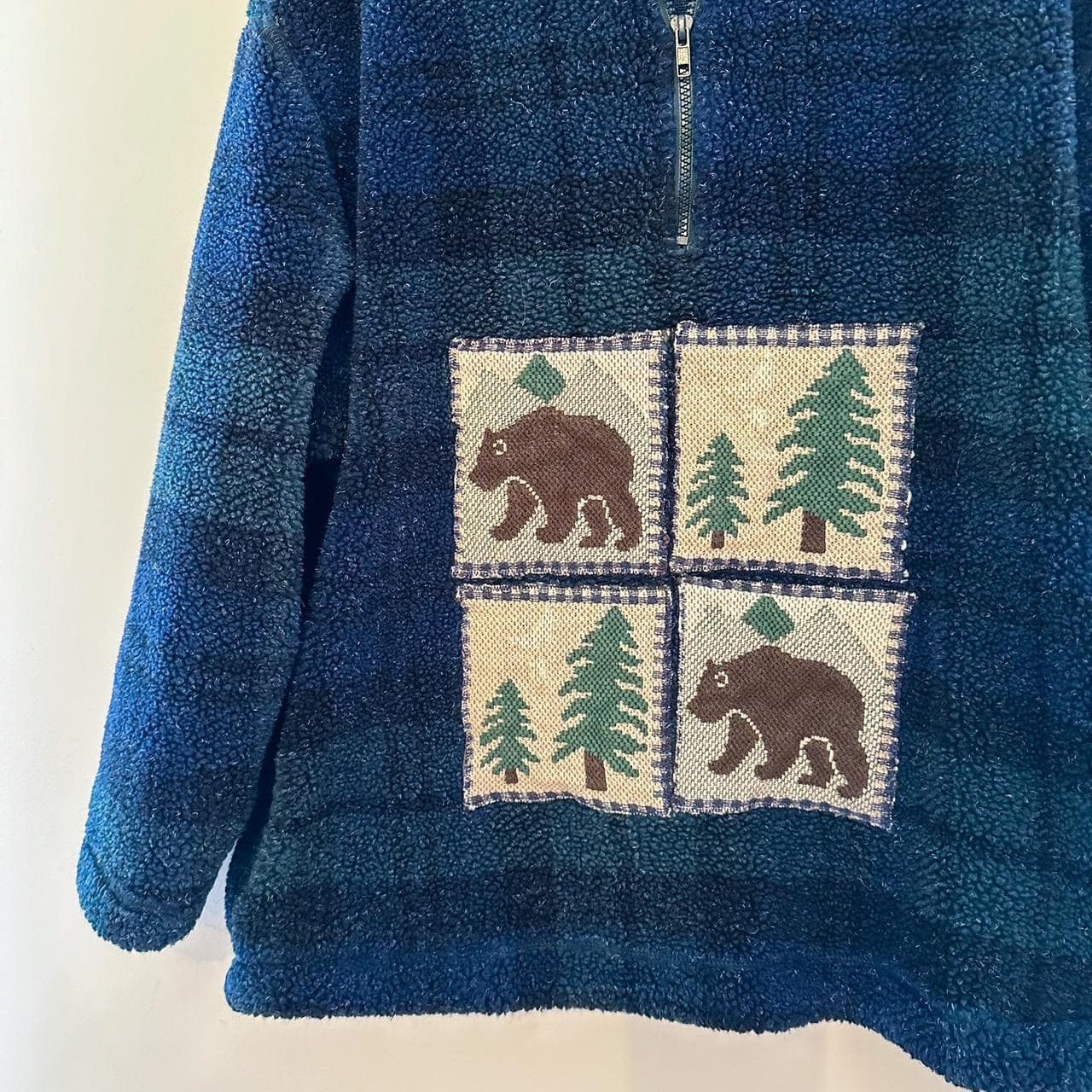 Vintage Sherpa Navy and Green Plaid Cabin Quilt Pullover thumbnail 3