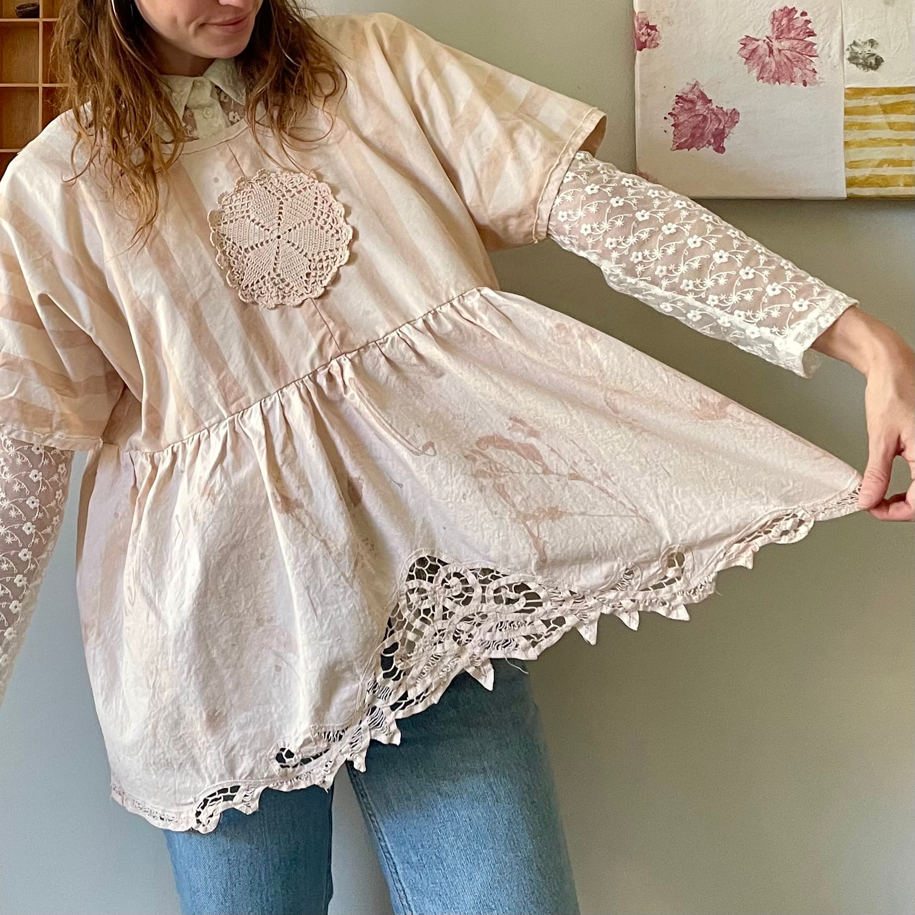 Pink Avocado Dyed Tablecloth Top – Floral + Stripe