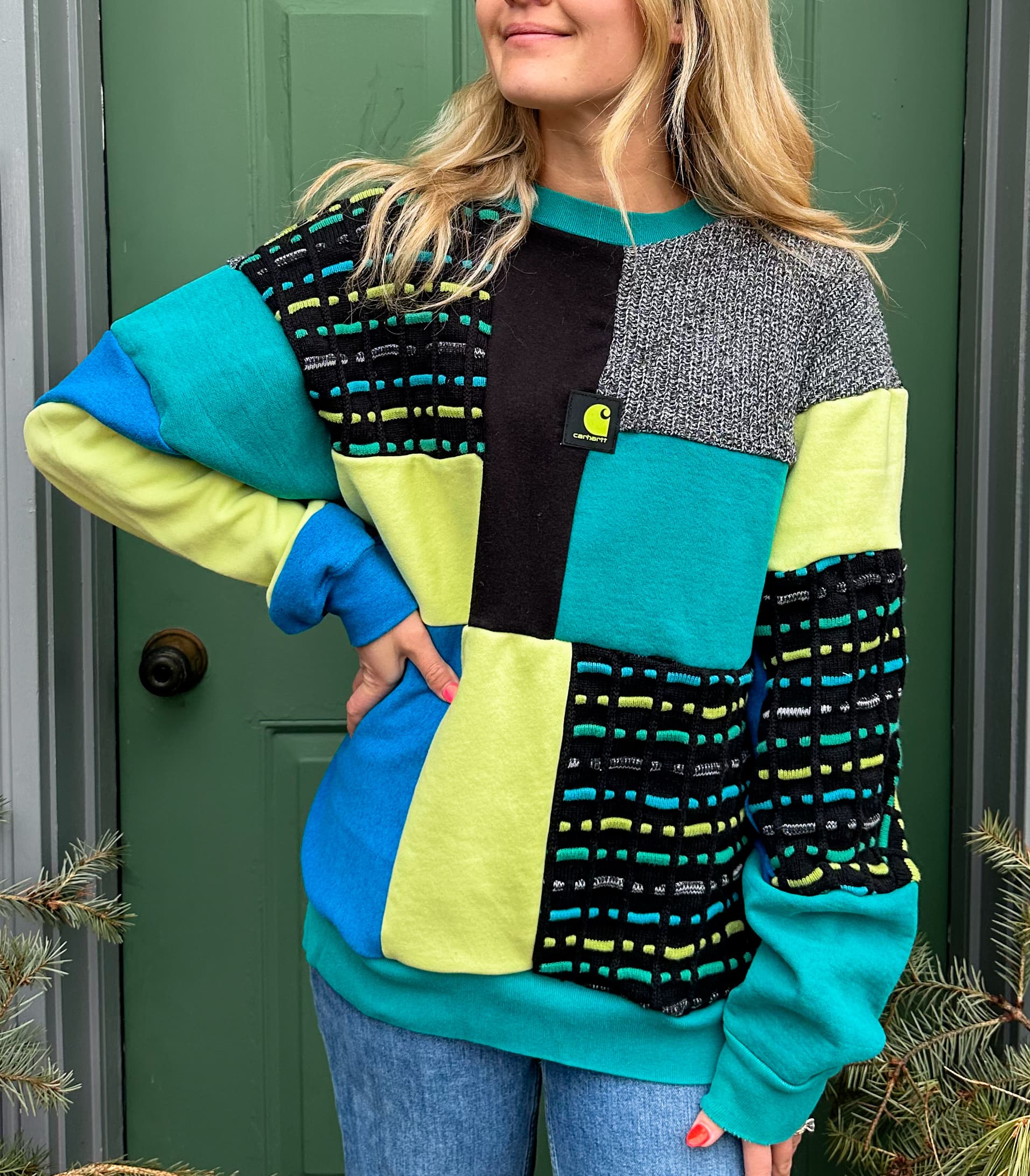 Reworked Patchwork Neon Carhartt Crewneck Sweatshirt