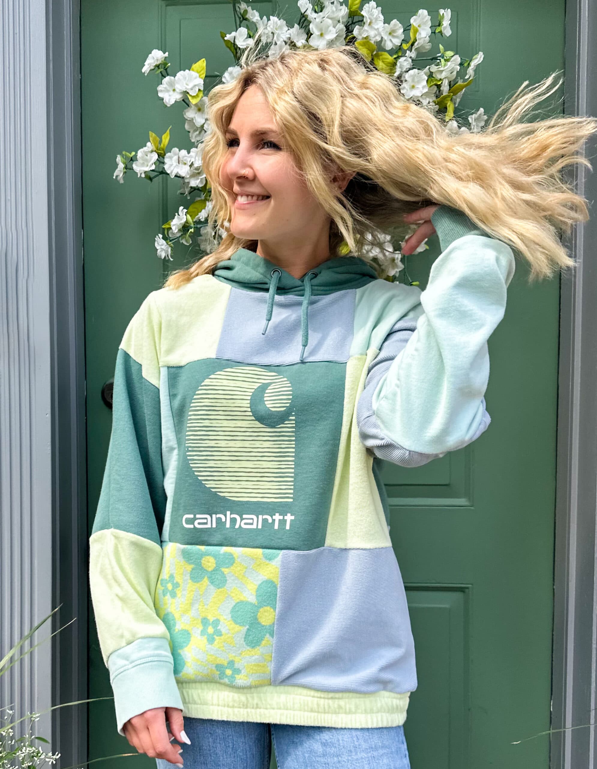 Patchwork blue and green flower carhartt reworked sweatshirt thumbnail 2