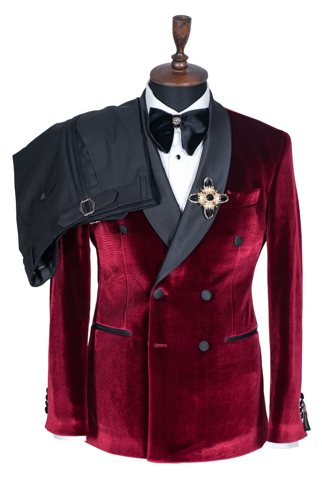 DOUBLE BREASTED BURGUNDY TUXEDO VELVET SUIT
