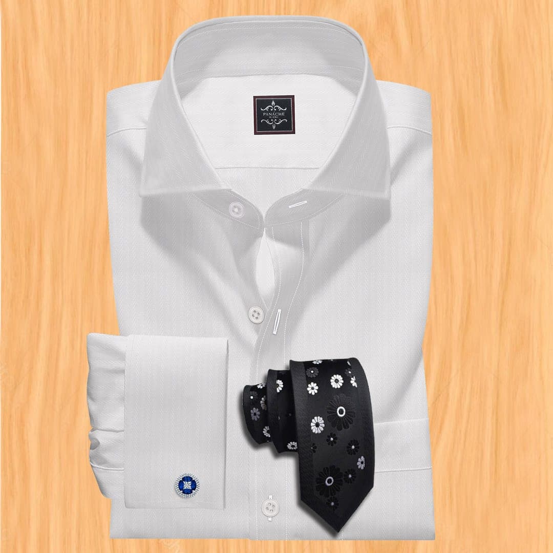 Luxury White Dobby Shirt | Herringbone dress shirt | mens white french cuff dress shirt