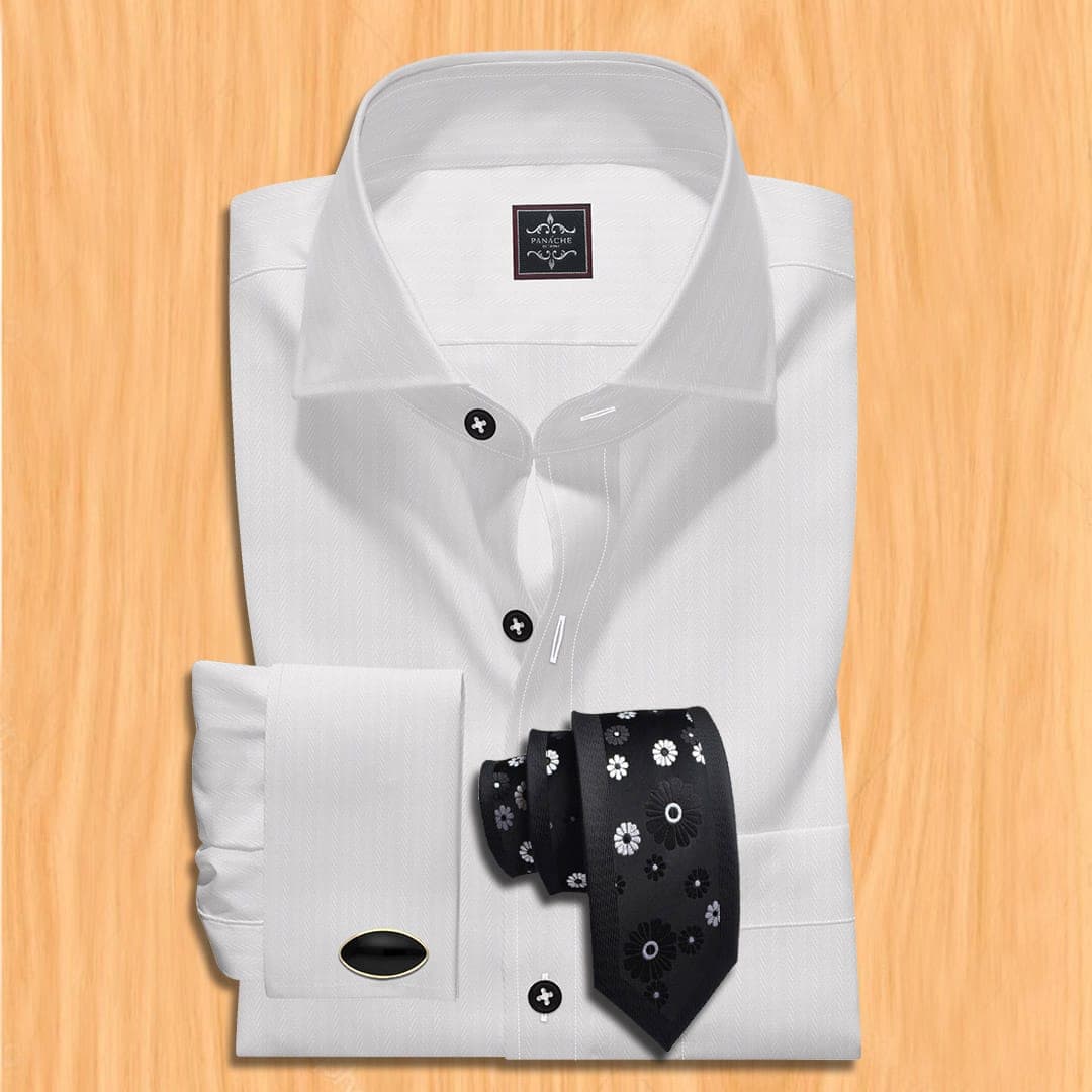 White Herringbone Shirt | White shirt and black buttons | Black buttons on white shirt