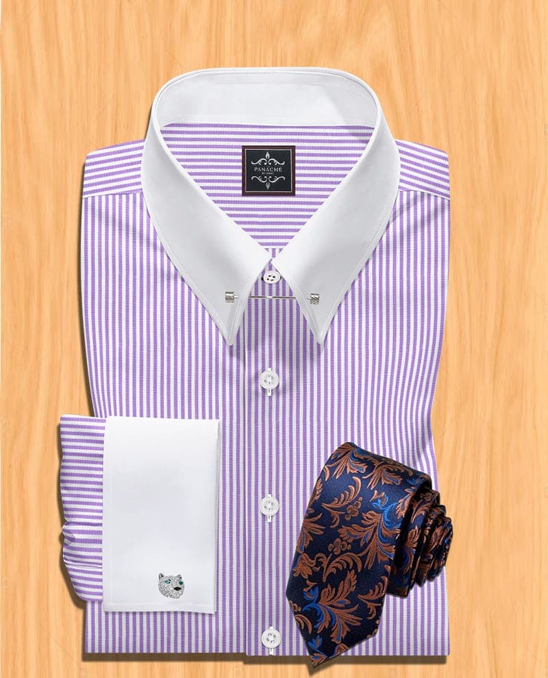 Lavender-Stripes Pin Collar Shirt | Pin Collar dress shirt | Mens pin collar shirt
