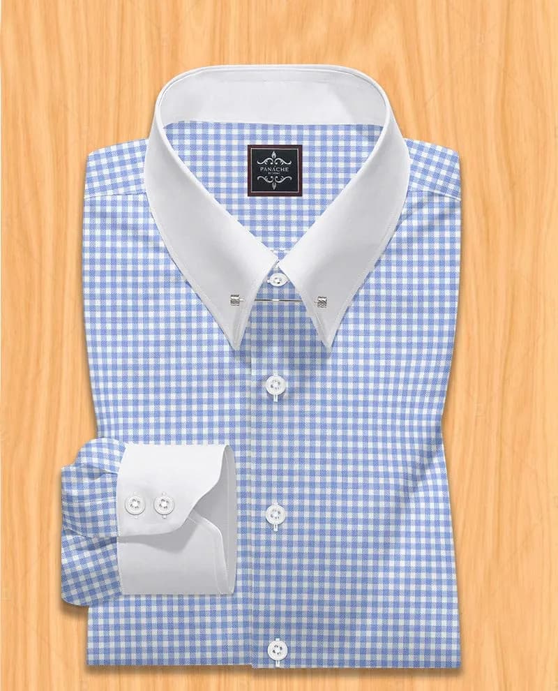 Blue Gingham Dress Shirt | Pin Collar dress shirt | White Collar and cuff shirt