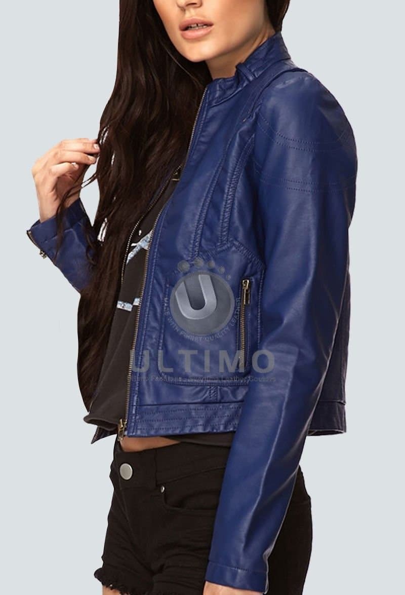 Blue Women Slim fit Stylish Leather Jacket