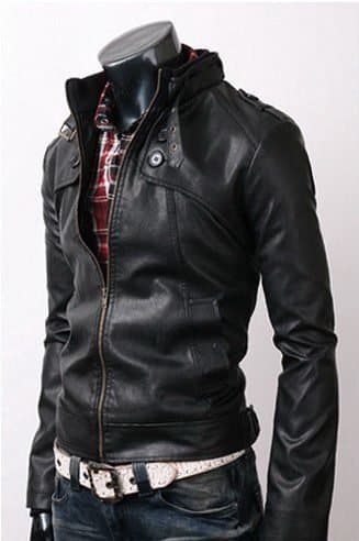 Black Slim Fit Stylish Leather Jacket Belted Collar thumbnail 3