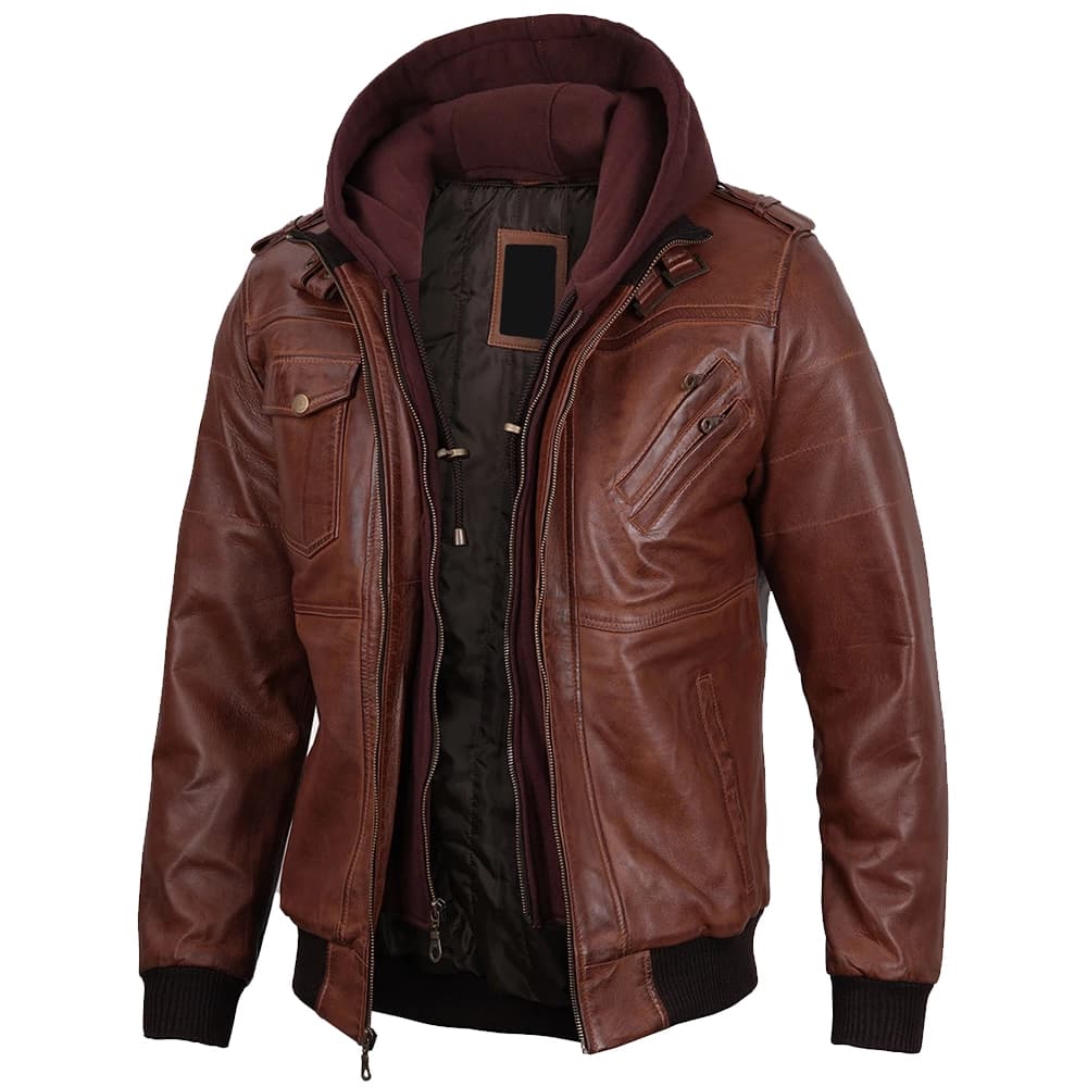 Mens Brown Real Leather Jacket with Detachable Hood thumbnail 2
