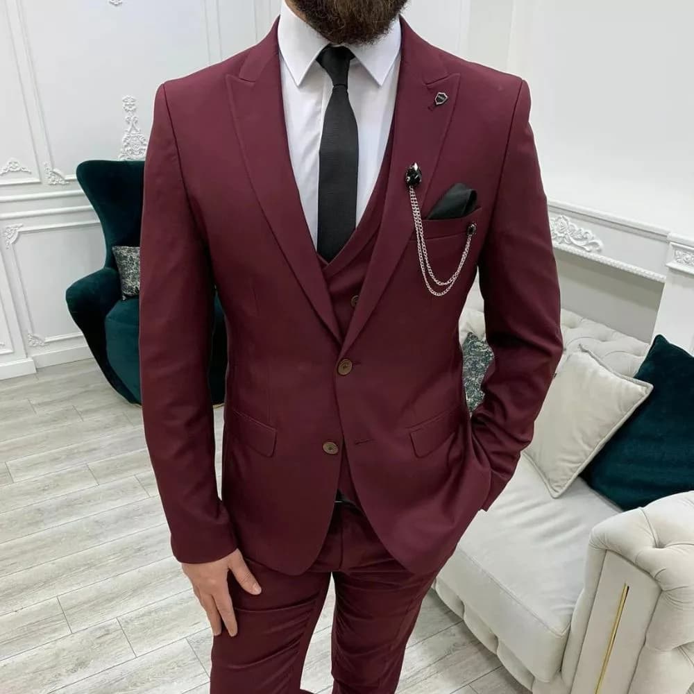 Men’s Burgundy 3 Piece Formal Wedding Suit