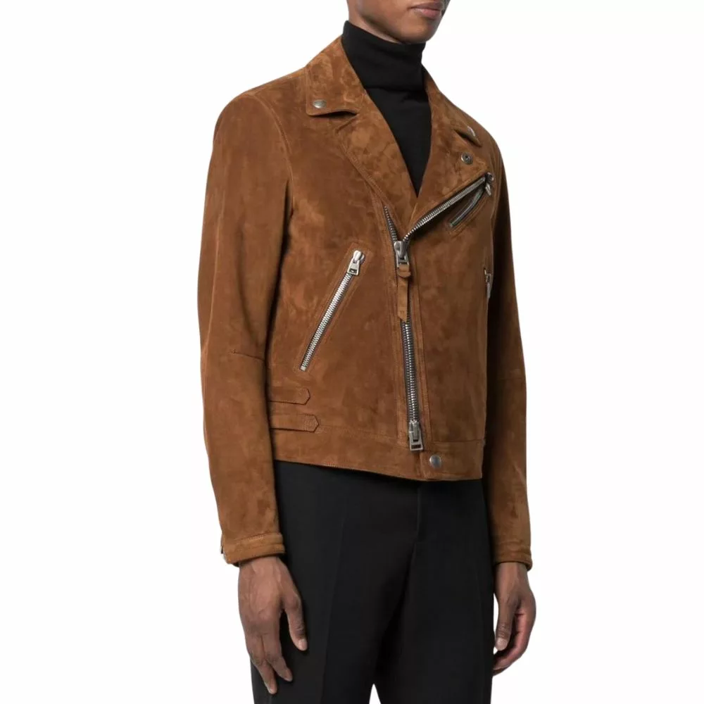 Mens Brown Suede Moto Leather Jacket thumbnail 3