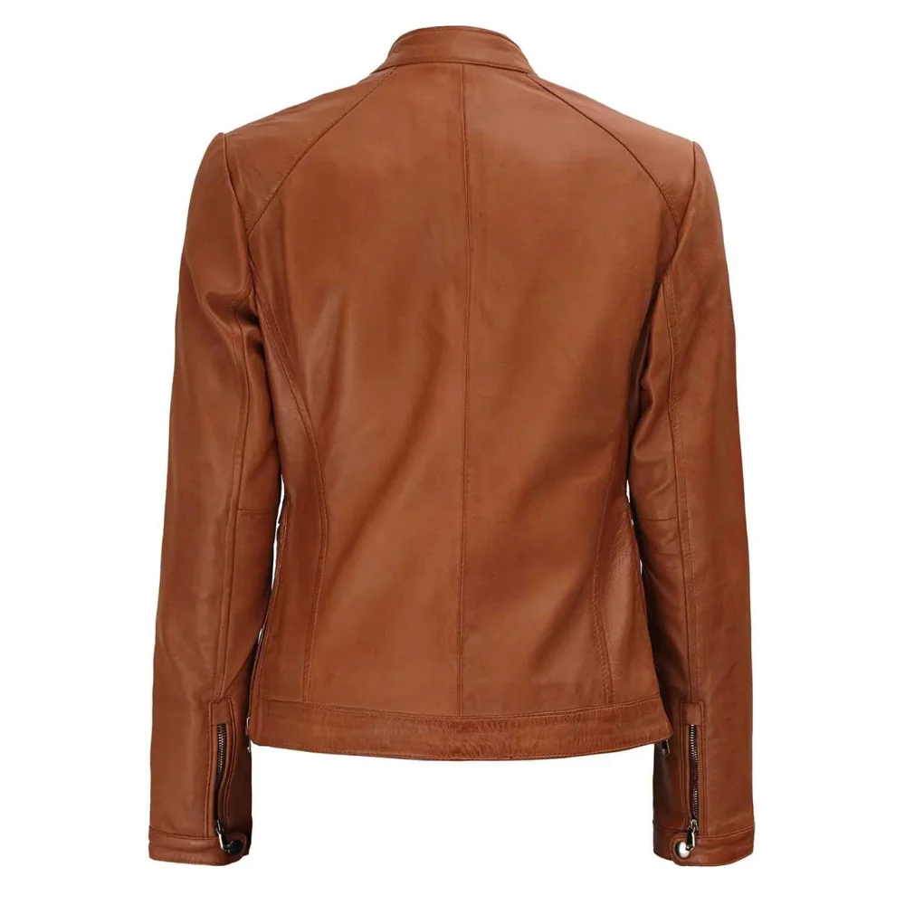 Women Brown Biker Leather Jacket thumbnail 2