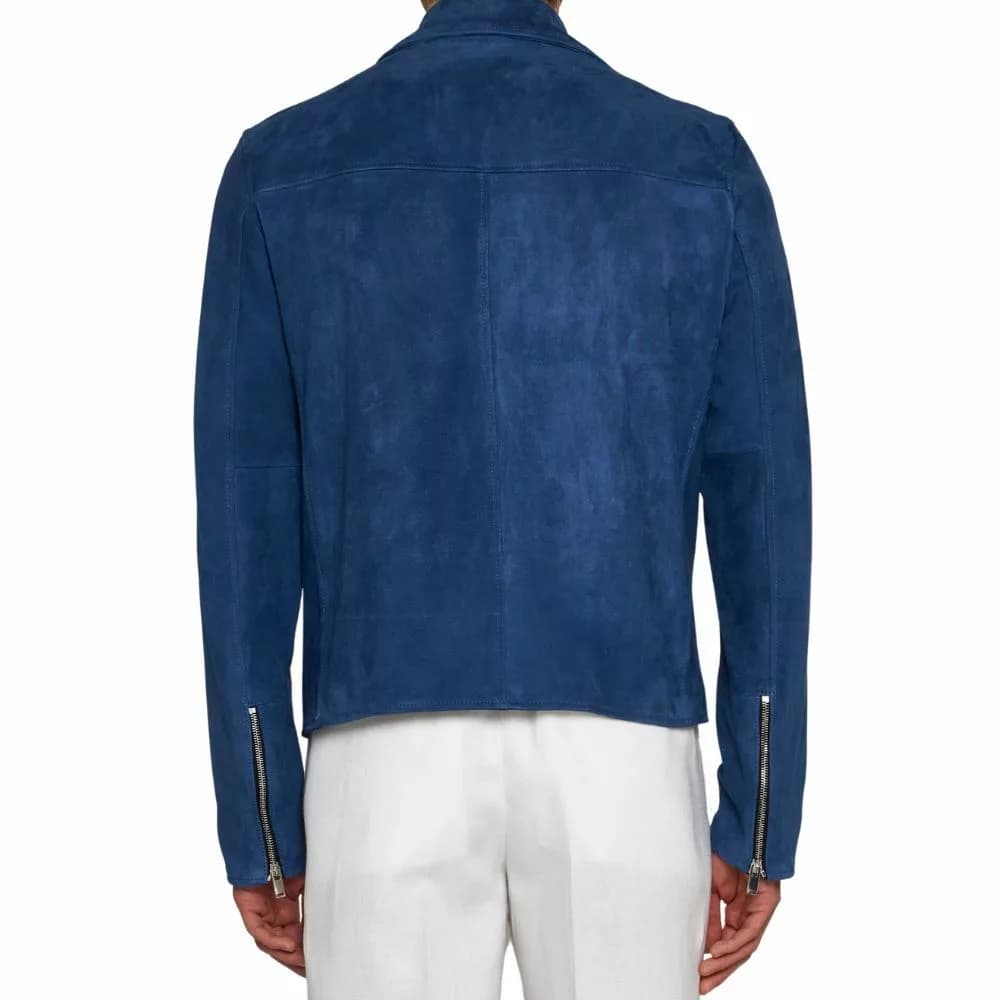 Mens Blue Suede Biker Leather Jacket thumbnail 2