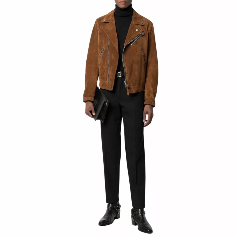 Mens Brown Suede Moto Leather Jacket thumbnail 2