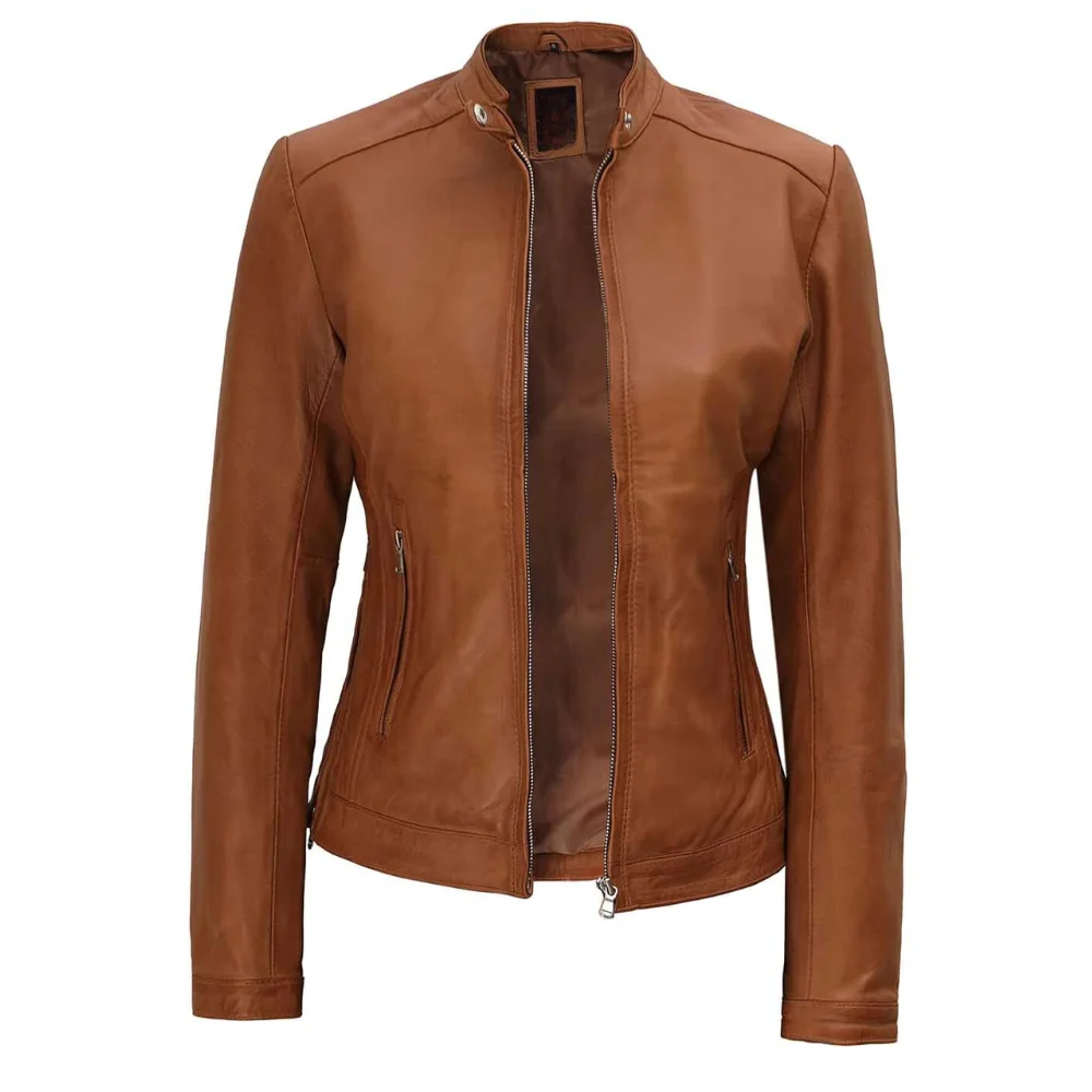 Women Brown Biker Leather Jacket thumbnail 3