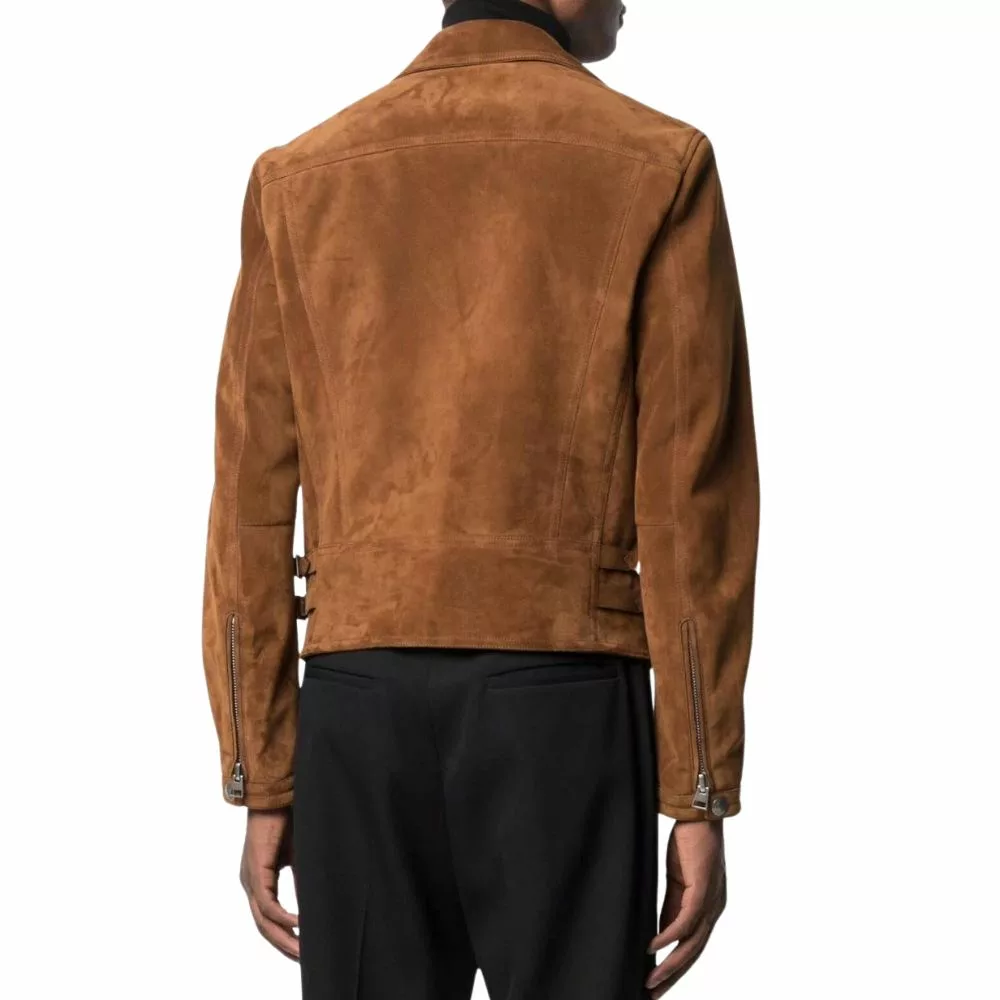 Mens Brown Suede Moto Leather Jacket thumbnail 4
