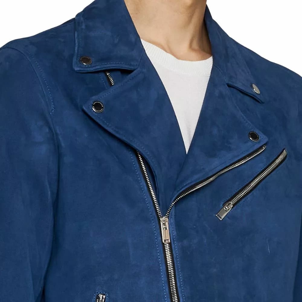 Mens Blue Suede Biker Leather Jacket thumbnail 3
