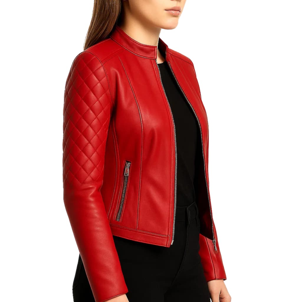 Womens Red Leather Quilted Biker Jacket thumbnail 2