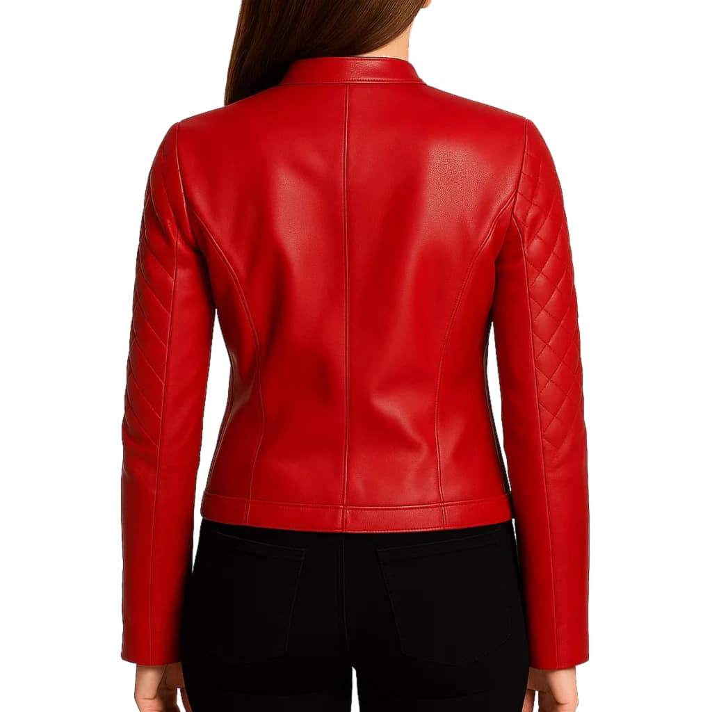 Womens Red Leather Quilted Biker Jacket thumbnail 3