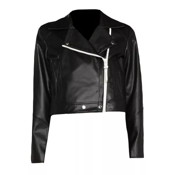 Women’s Biker Black Leather Cropped Jacket thumbnail 3