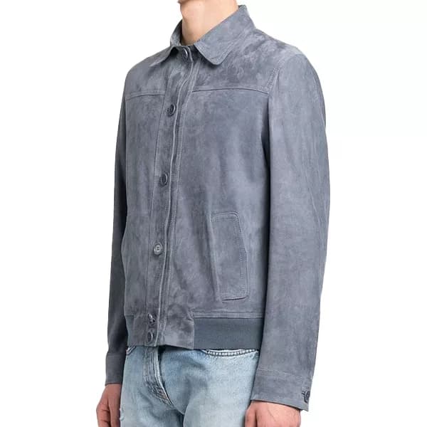 Mens Grey Suede Bomber Jacket thumbnail 4