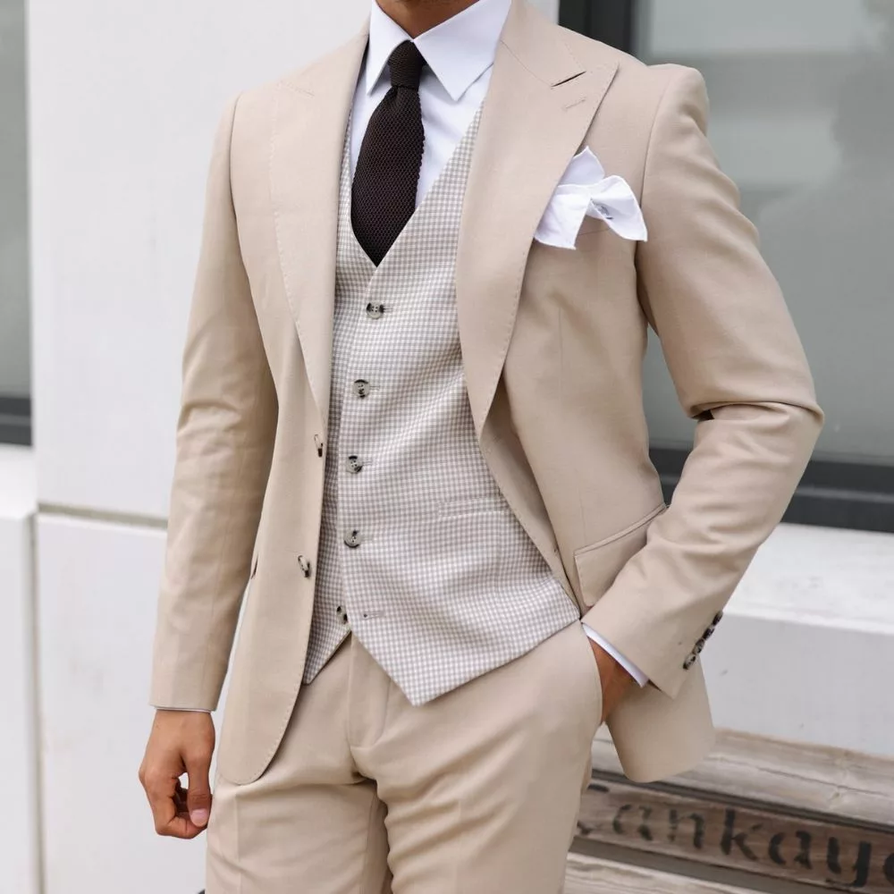 Beige Three Piece Modern Fit Suit For Men