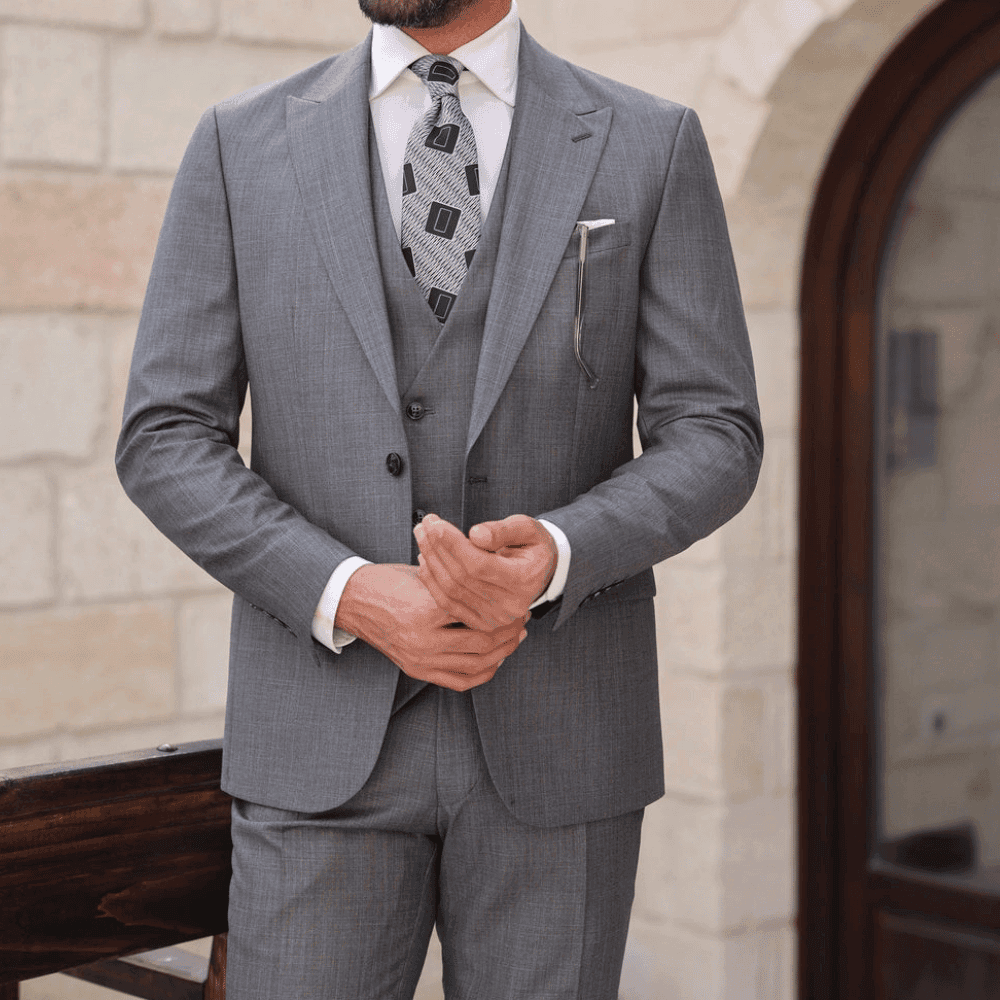 Mens 3Piece Tweed Grey Peak Lapel Suit Pant