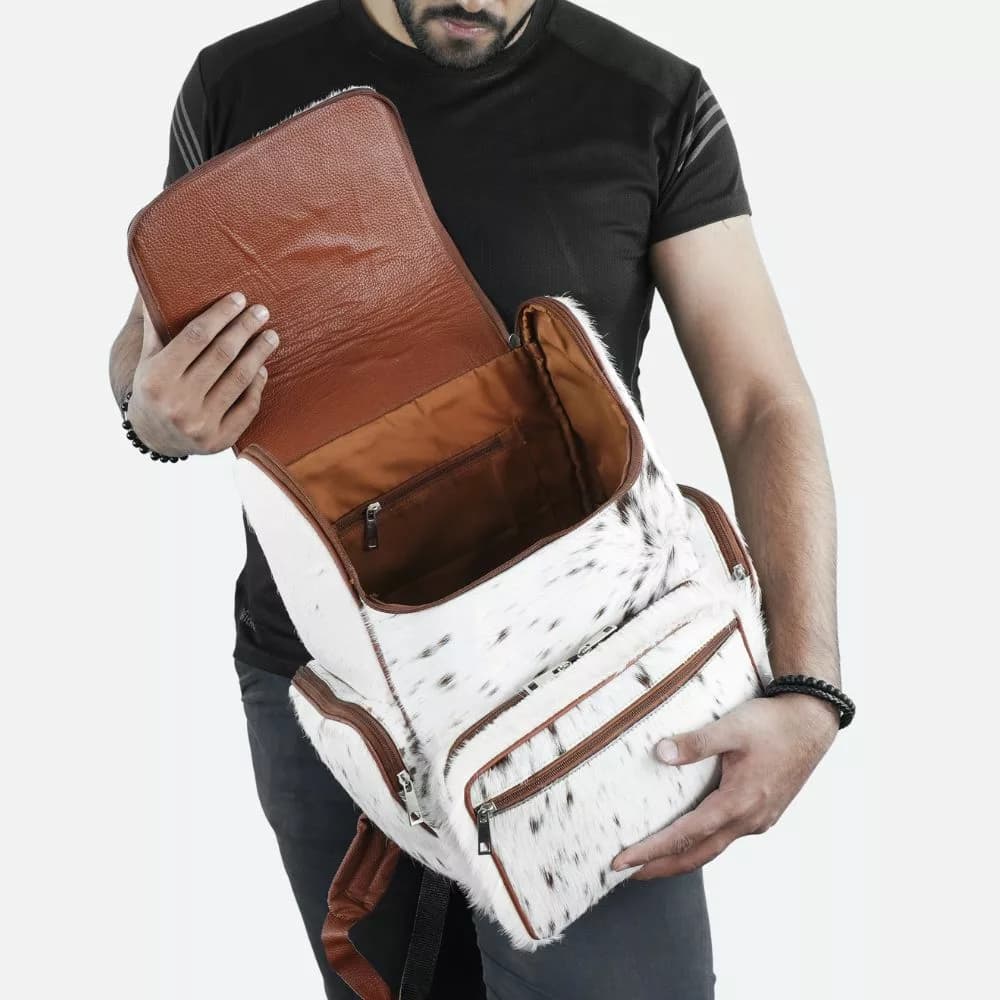 White & Brown Fur Cowhide Backpack thumbnail 3