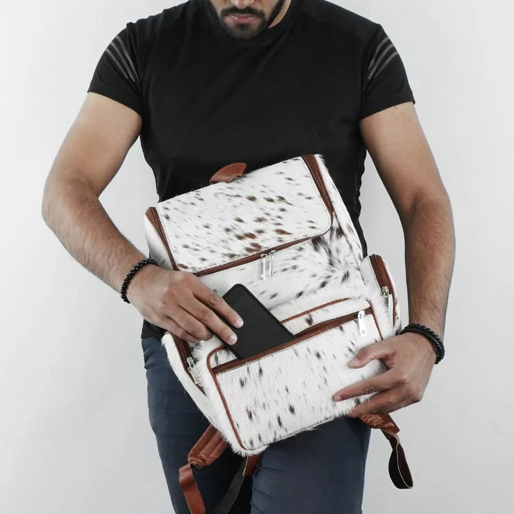 White & Brown Fur Cowhide Backpack thumbnail 4