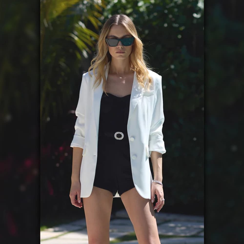 Womens Two Buttoned White Satin Blazer thumbnail 4