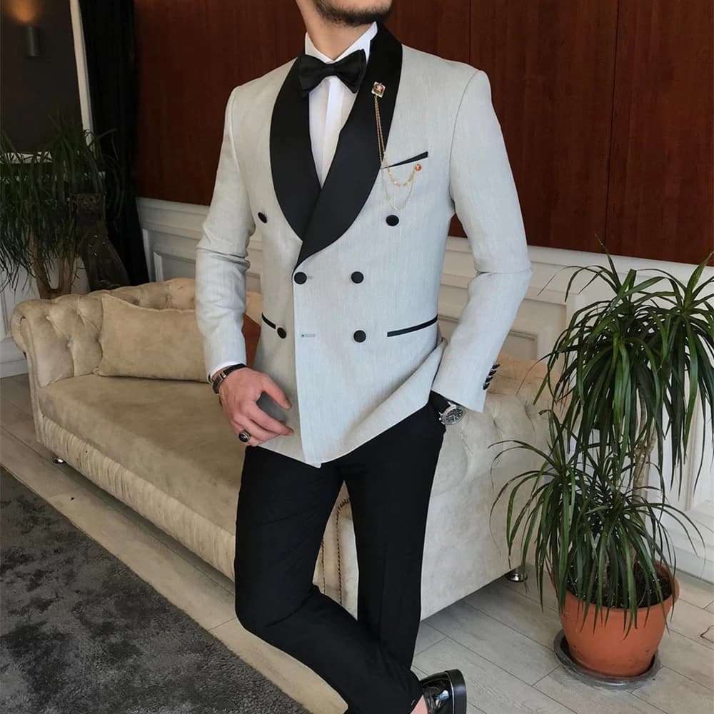 Light Grey Tuxedo Wedding With Velvet Lapel For Men thumbnail 2