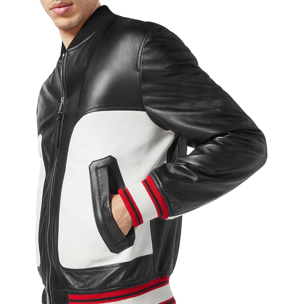 Men’s Black and White Leather Bomber Jacket thumbnail 3