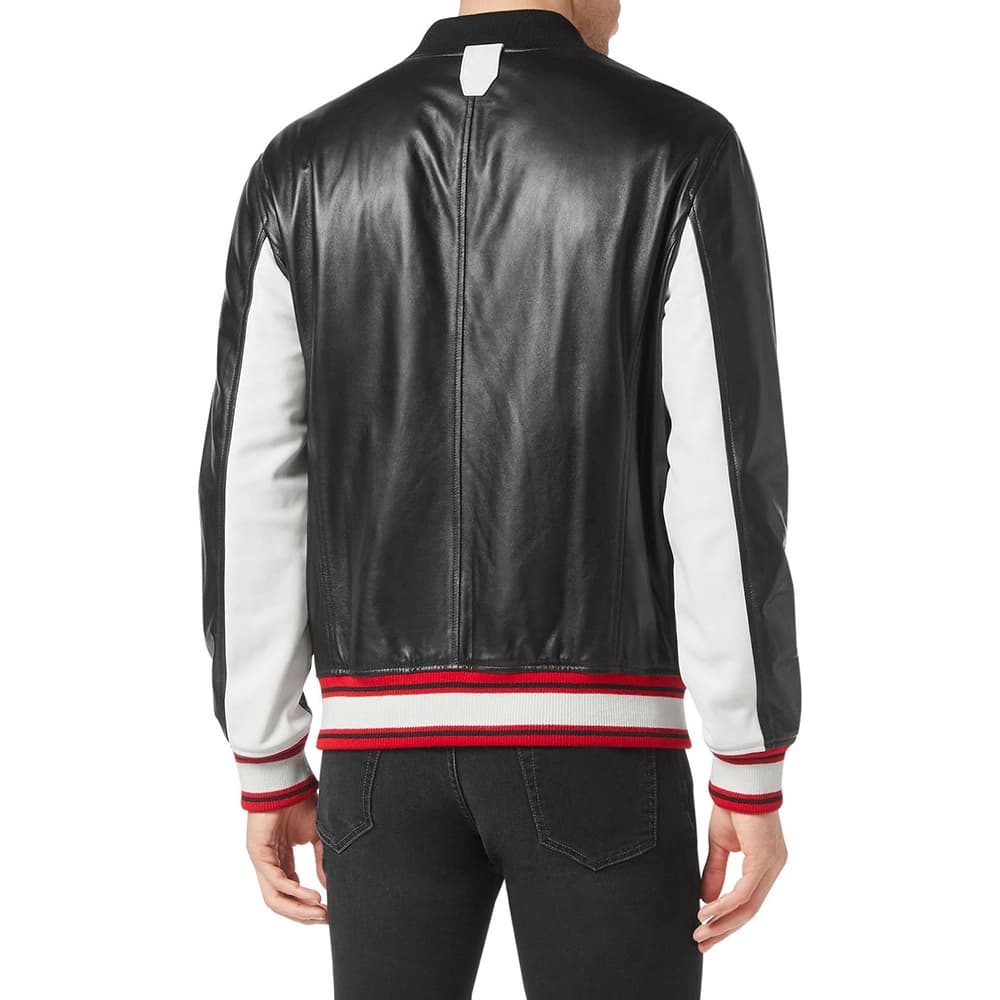 Men’s Black and White Leather Bomber Jacket thumbnail 2