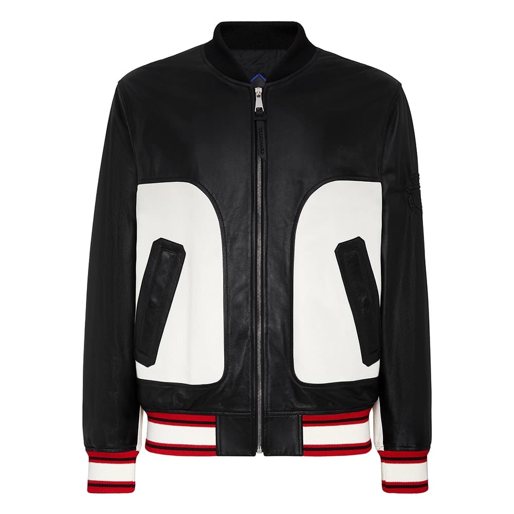 Men’s Black and White Leather Bomber Jacket thumbnail 4