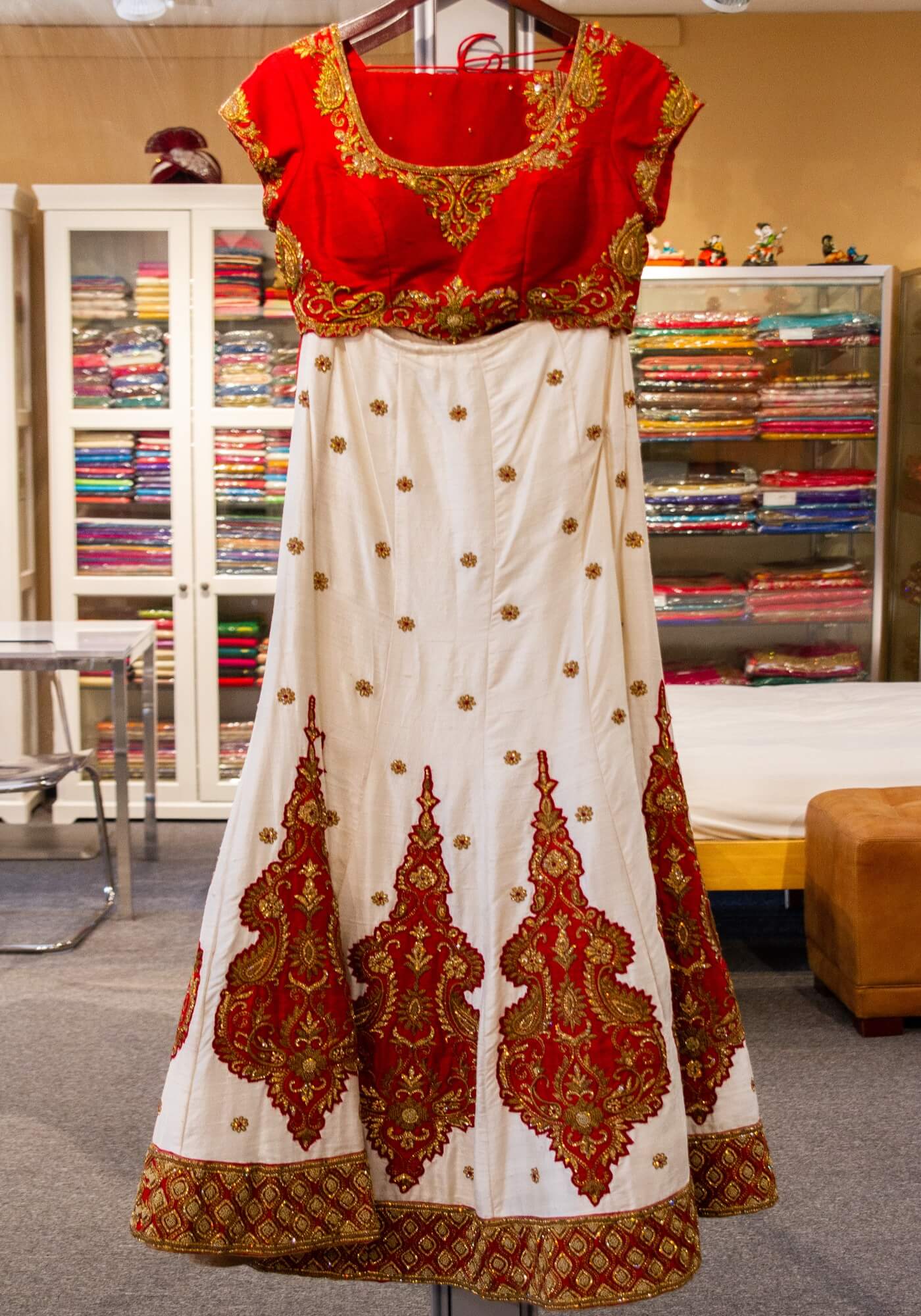 White Lehenga with Red Choli and Dupatta