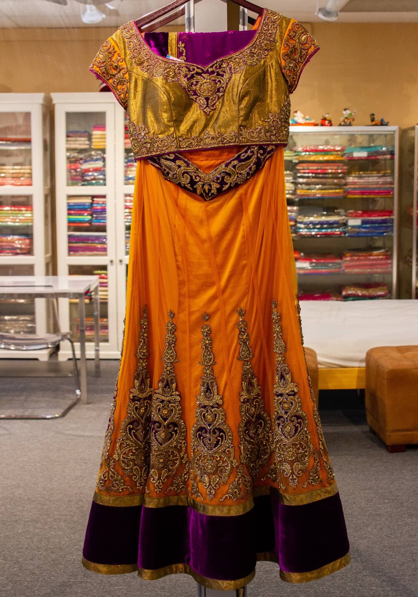Mustard Yellow and Purple Velvet Lehenga with Dull Gold Shimmer Top