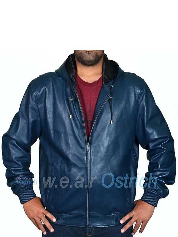 Navy Blue Bomber Hooded Baseball Leather Jacket