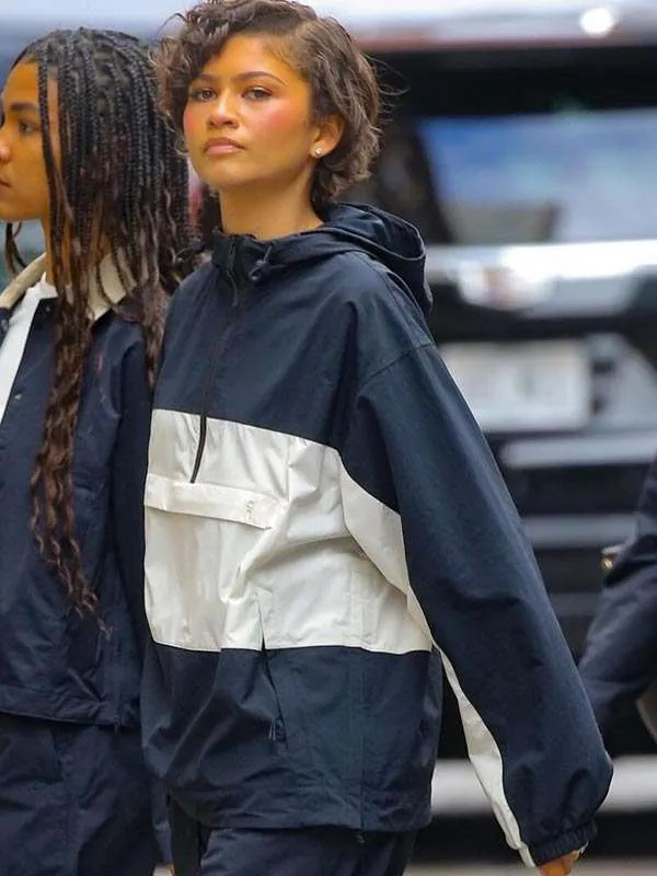 Zendaya SOHO Street 2026 Blue and White Hooded Jacket