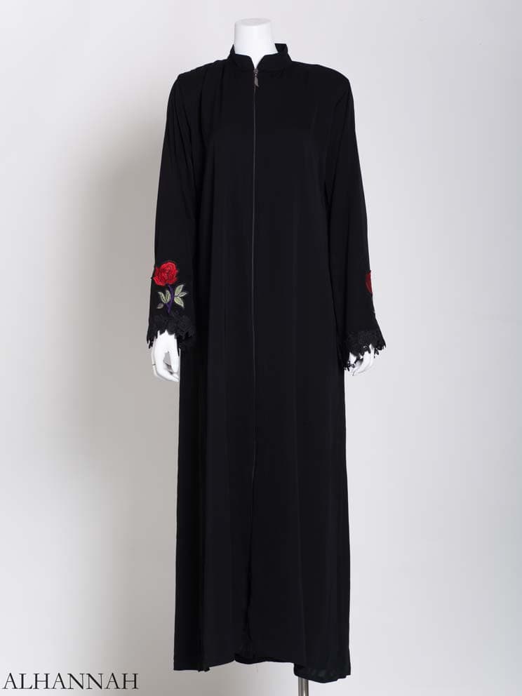 Sprouted Roses Plain Black Abaya | ab711