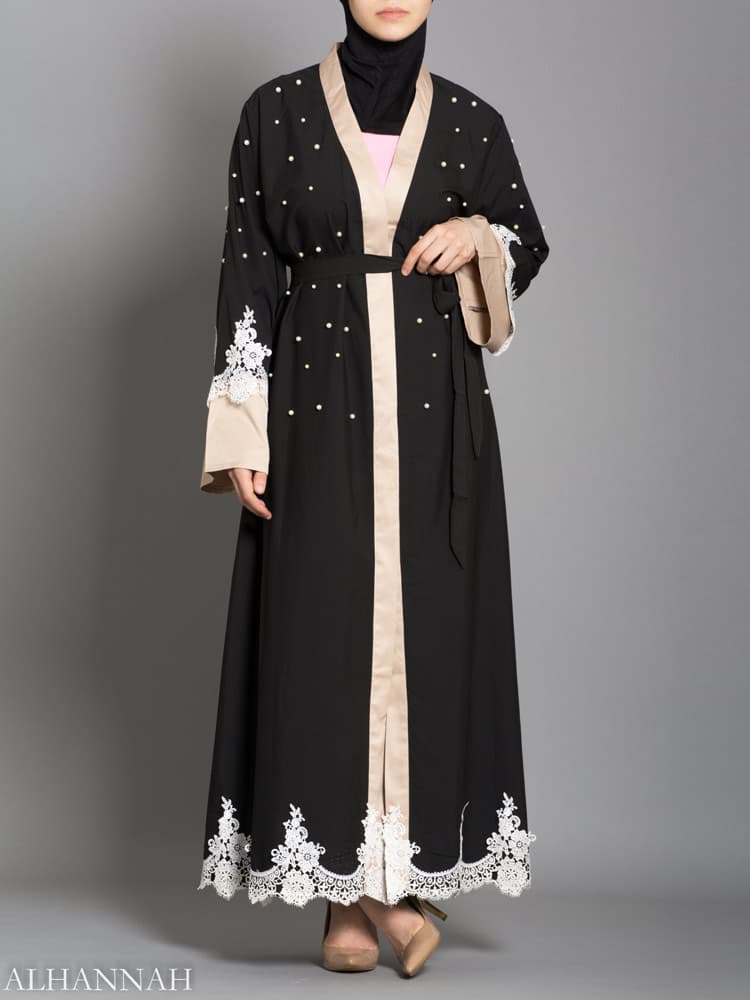 Black Abaya With Satin and Lace Trim | AB736