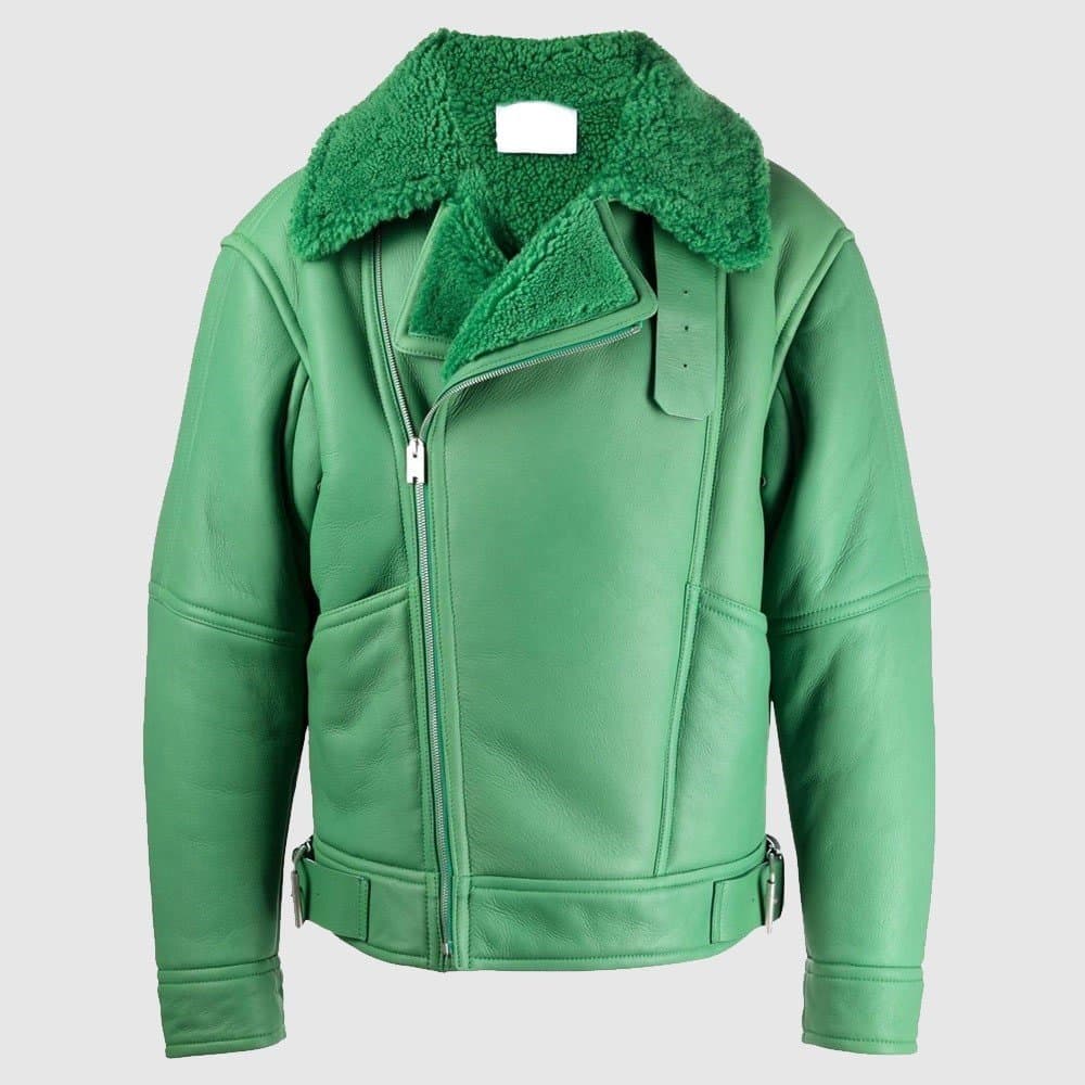 Holly Aviator Shearling Fur Green Biker Jacket