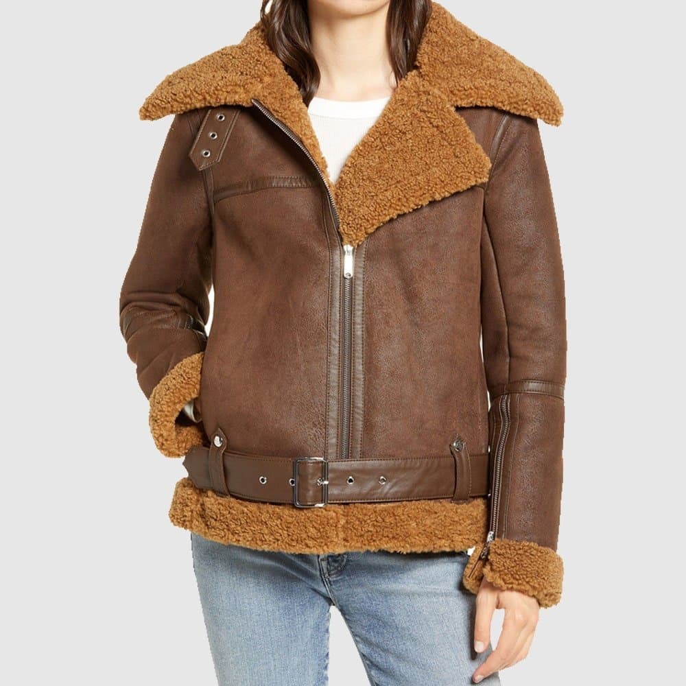 Julie Flight Pilot Shearling Brown Faux Jacket