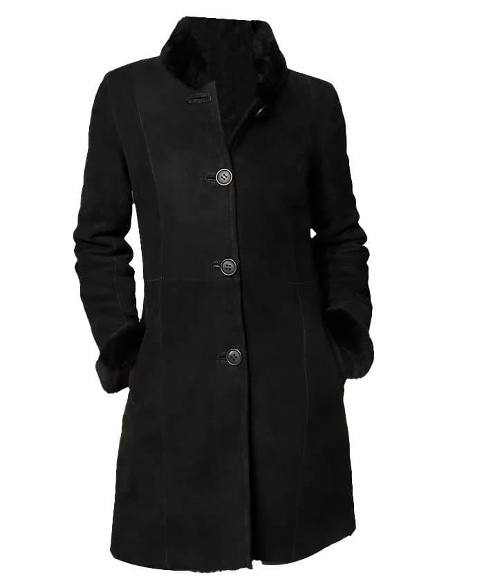 Erica Black Shearling Fur Suede Leather Coat