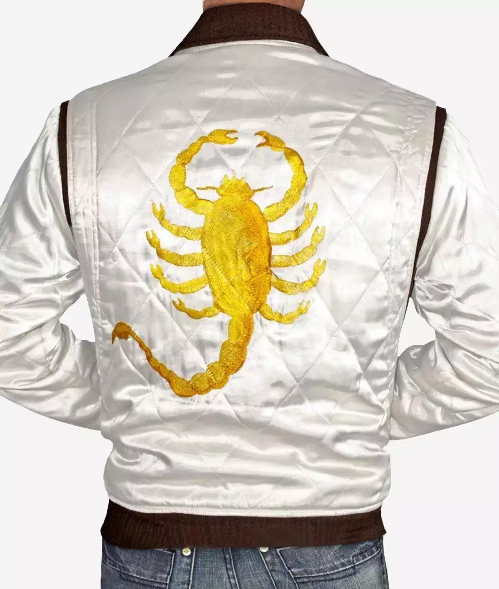 Men’s White Satin Bomber Jacket with Scorpion Logo