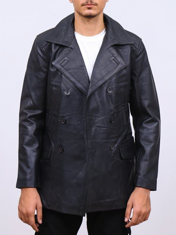 Dolf Black Leather Naval Peacoat